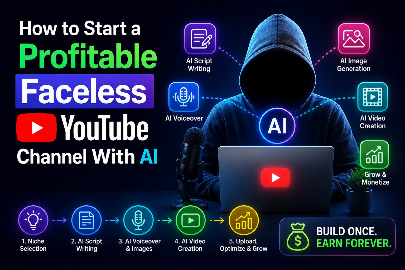 How to start a faceless YouTube channel with AI in 2026 — a free 5-step workflow using ChatGPT, ElevenLabs & Pexels. No camera, no mic, zero experience needed.