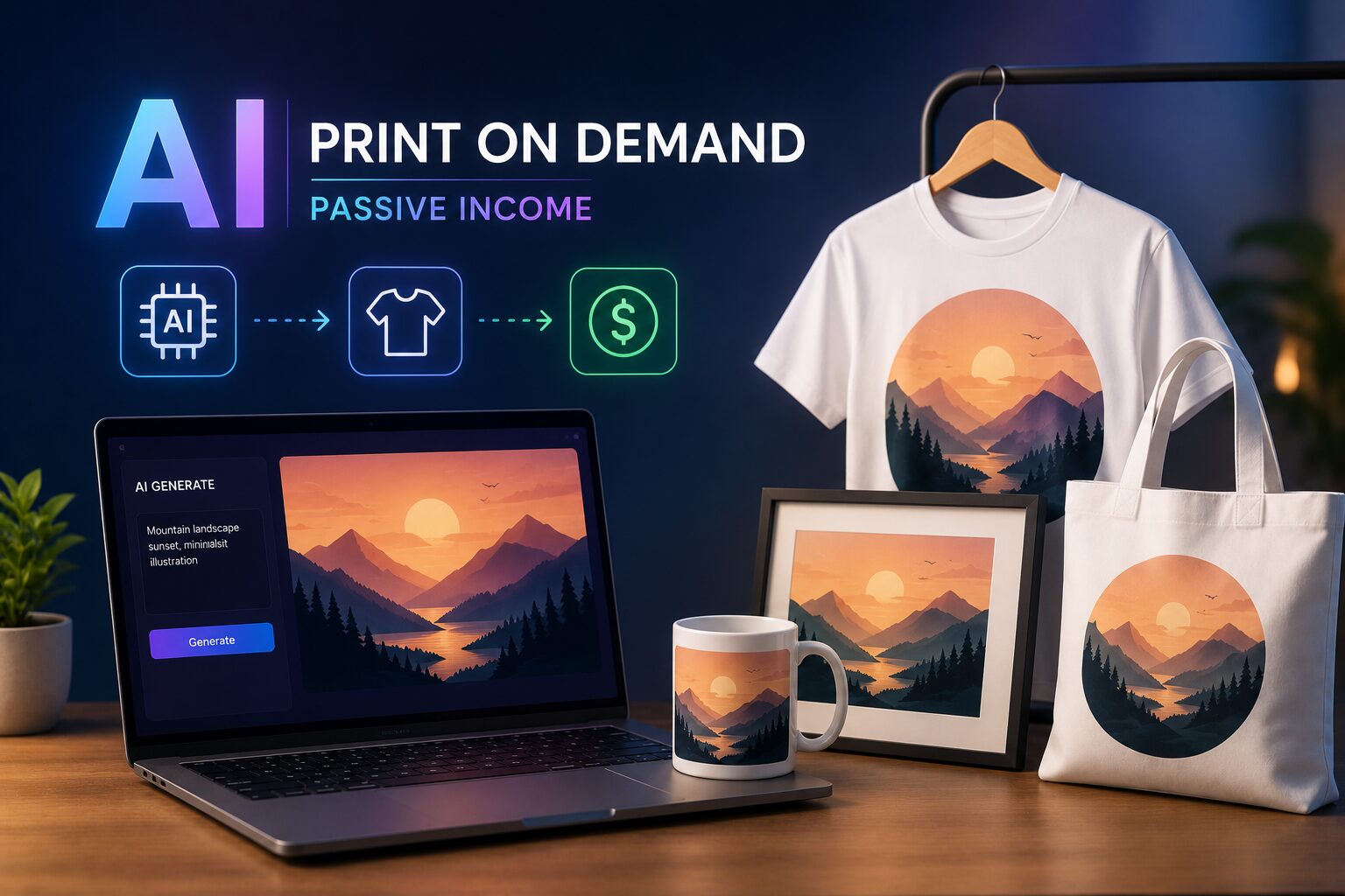 Use AI tools like Midjourney to generate stunning art, upload to Redbubble or Etsy, and start earning passive income. No design skills needed. Start today!