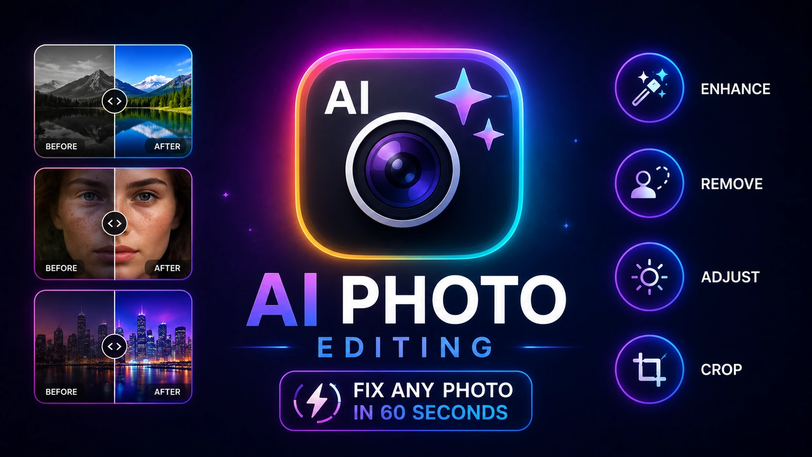 best AI photo editing apps 2026. 5 free tools mapped to 5 common photo problems. Start now.